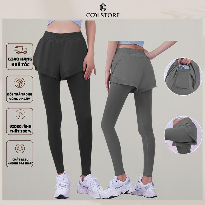 Quần dài running 2 lớp tập gym yoga có túi chạy bộ đạp xe gym yoga, che khuyết điểm Coolstore đỏ hồng thoáng khí
