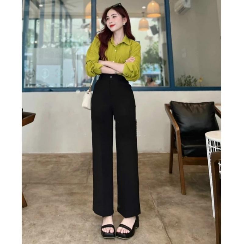 Quần Ống Rộng Suông Nữ Lưng Cao 1 Nút Khóa Trước Dáng Quần Tây Nữ Ống Rộng Cạp Cao Màu Đen Vải Dày Dặn Pants Dáng Dài Women Ong 3