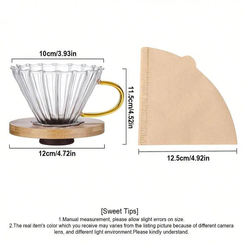 #KUP 1pc Glass Coffee Dripper/Filter, Cone Pour Over Coffee Dripper With Bamboo Stand & Handle, Coffee Pot Funnel Coffee Filter, Portable Reusable Drip Coffee Maker Funnel Accessories For Home, Office, Cafes And Restaurants moka 1