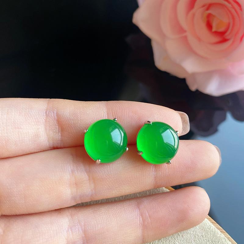 Product Introduction of Natural Ice Transparent Green Agate Chalcedony Large Bread Round Single Diamond Simple Light Luxury Earrings for Women Elegant Ear Jewelry 0