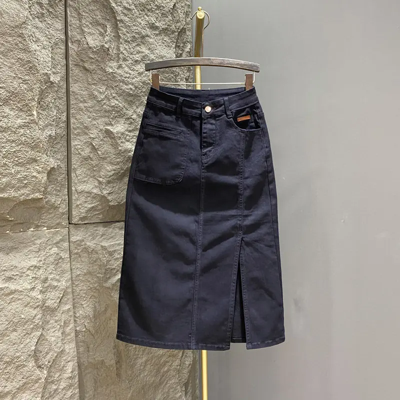 Chân Váy Denim, Xẻ Bên Màu Đen, Dành Cho Nữ, Cạp Cao Co Giãn, Thanh Lịch Và Bó Sát, Váy Chữ A, Hàng Mới Về Mùa Xuân 2024 Women