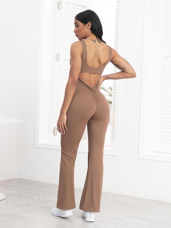 Women's Summer Plain Ruched Cut Out Sports Flare Leg Jumpsuit, Solid Scoop Neck Backless Sleeveless Bodycon Bell Bottom Jumpsuit for Yoga Gym Workout, Ladies Sportswear for All Seasons, Womenswear 3