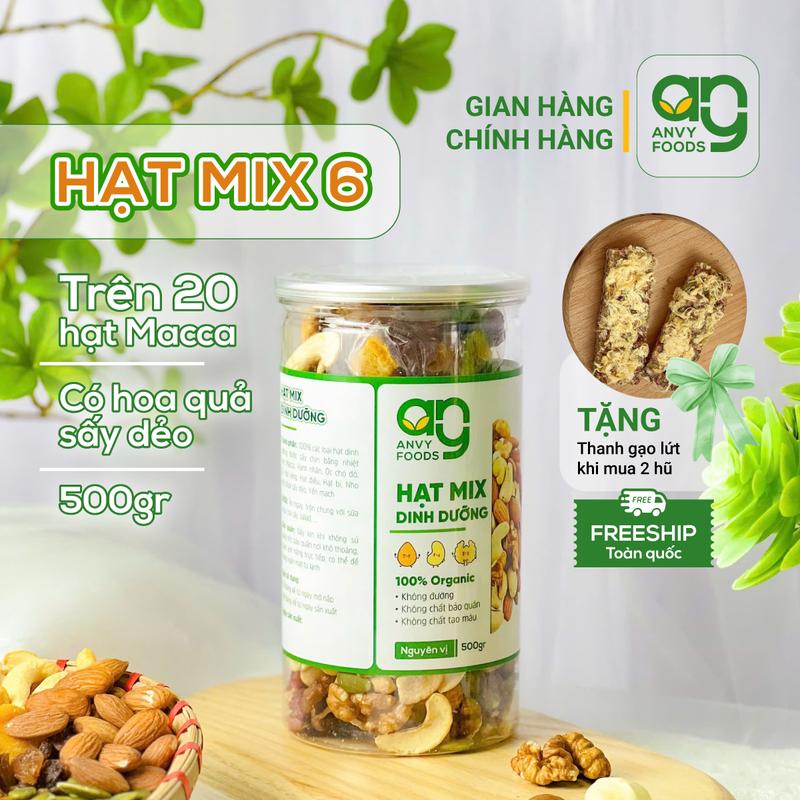 Tặng quà Hạt mix 6 AnvyFoods NHIỀU MACCA - Có hoa quả sấy - 500gr ăn Healthy ăn vặt nuts