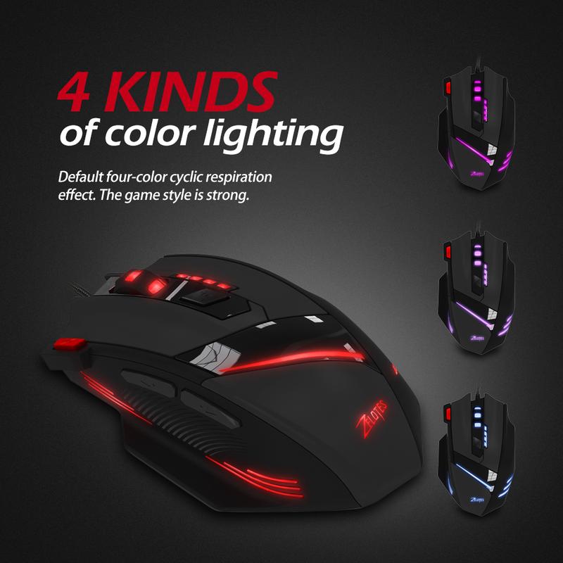 Zelotes T60 Macro Wired Gaming Mouse 7200 DPI Wired USB 7 Buttons Multi-Modes LED Lights Programmable 1