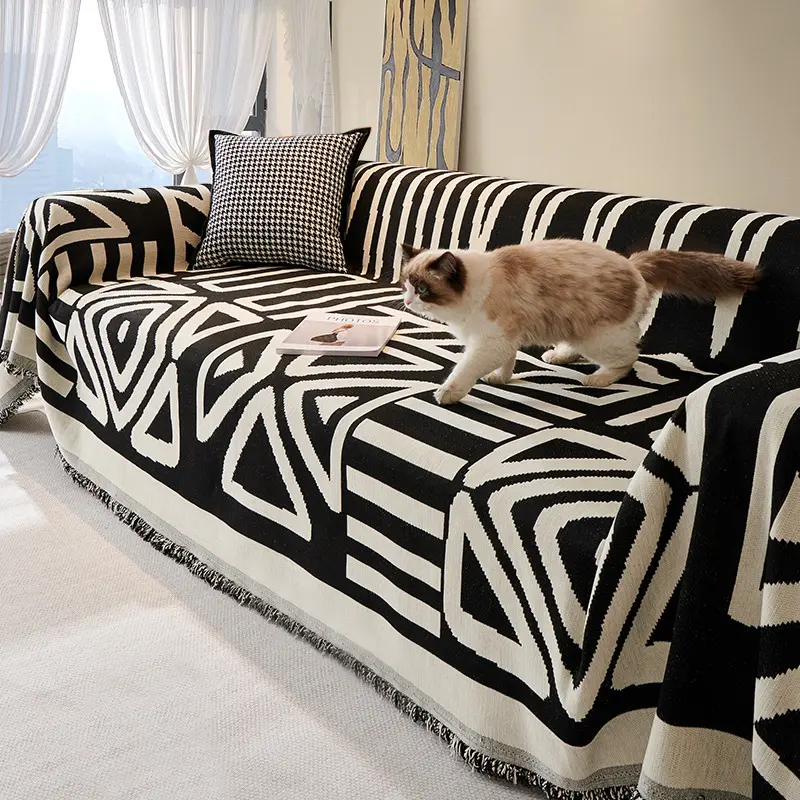 Chenille Black and White Sofa Cushion Sofa Cover All-Season Simple Universal Full Wrap Seat Cushion Backrest Cover Blanket