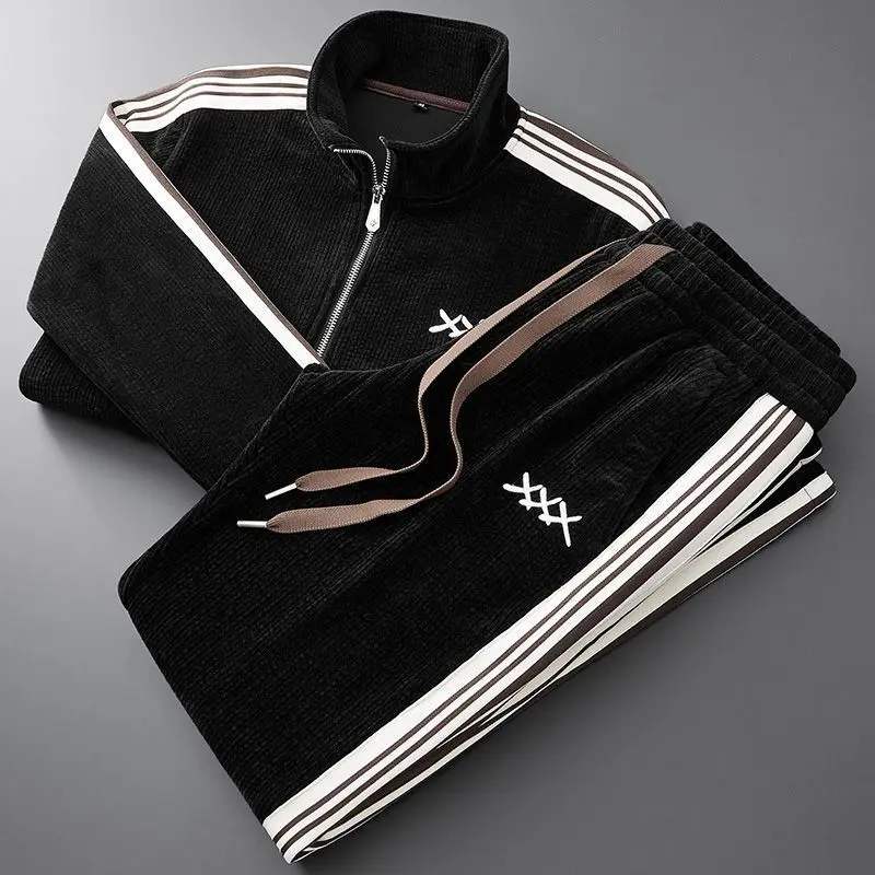 Bộ Đồ Thể Thao, Ấm Áp Cho Mùa Thu Và Mùa Đông, Dành Cho Nam Giới, Có Khóa Kéo, Cổ Đứng Áo Cardigan, Mỏng Và Thẳng, Quần Thể Thao, Bộ Hai Mảnh, Thích Hợp Cho Cha Mẹ