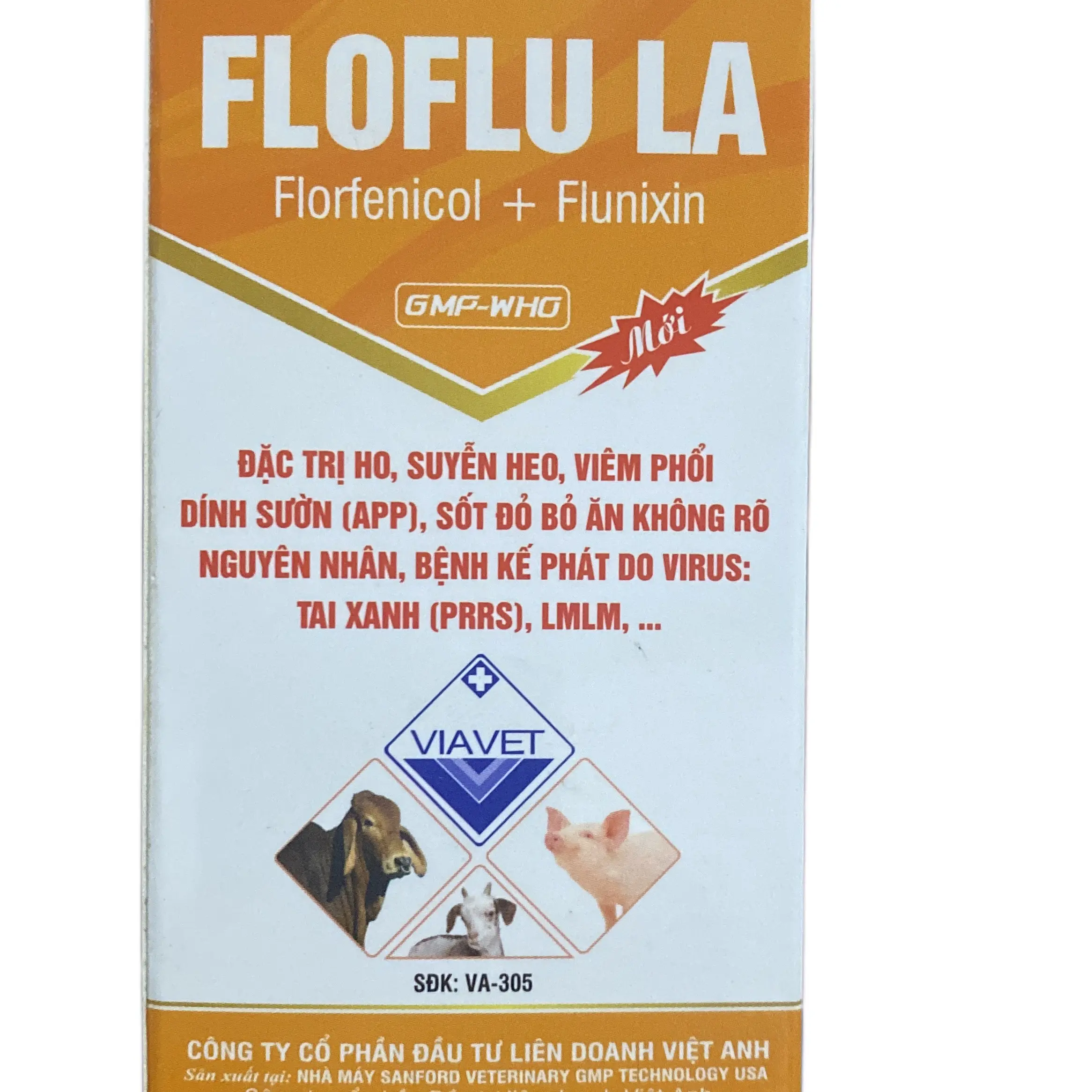 FLOFLU LA - Việt Anh Chuyên dùng cho các bệnh như ho, suyễn heo, viêm phổi dính sườn ( app ) sốt đỏ bỏ ăn không rõ nguyên nhân, bệnh kế phát do virus tai xanh, LMLM… dung dịch tiêm 100ml dùng cho thú y