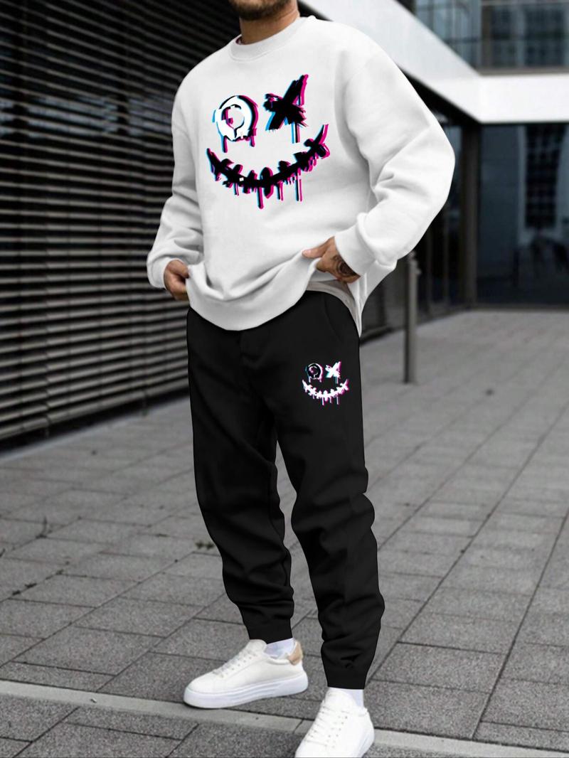 Product Introduction of Men's Smile Face Print Sweatshirt & Elastic Waist Sweatpants Set, Casual Long Sleeve Pullover & Jogger Pants for Fall & Winter, Men's Outfits for Daily Wear 7