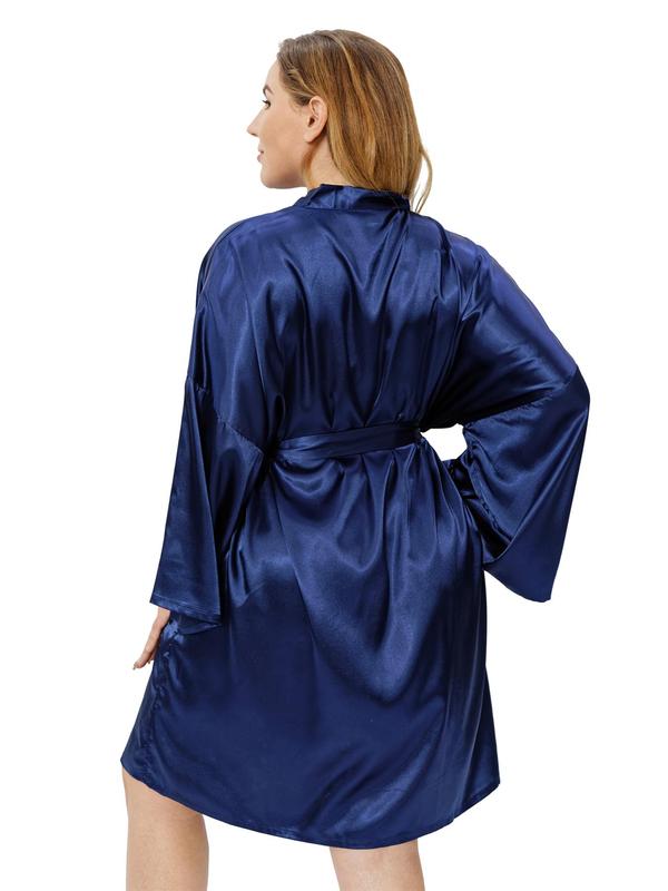 Plus Size Solid Belted Wrap Drop Shoulder Satin Robe, Casual Long Sleeve V Neck Dressing Gown for Daily Home Wear, Women's Sleepwear for All Seasons 6