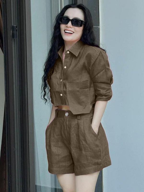 Sét Áo Quần Sơ Mi Công Sở Nữ Đẹp Kiểu Hàn Quốc Tay Dài Kèm Quần Đùi Nữ,Quần Short Nữ Chất Linen Cao Cấp Màu Nâu Tây S745 【 đơn 】 áo sơ mi xám bộ thông thường set ống + cv xếp ly đen Kem Women Top Ong Thun