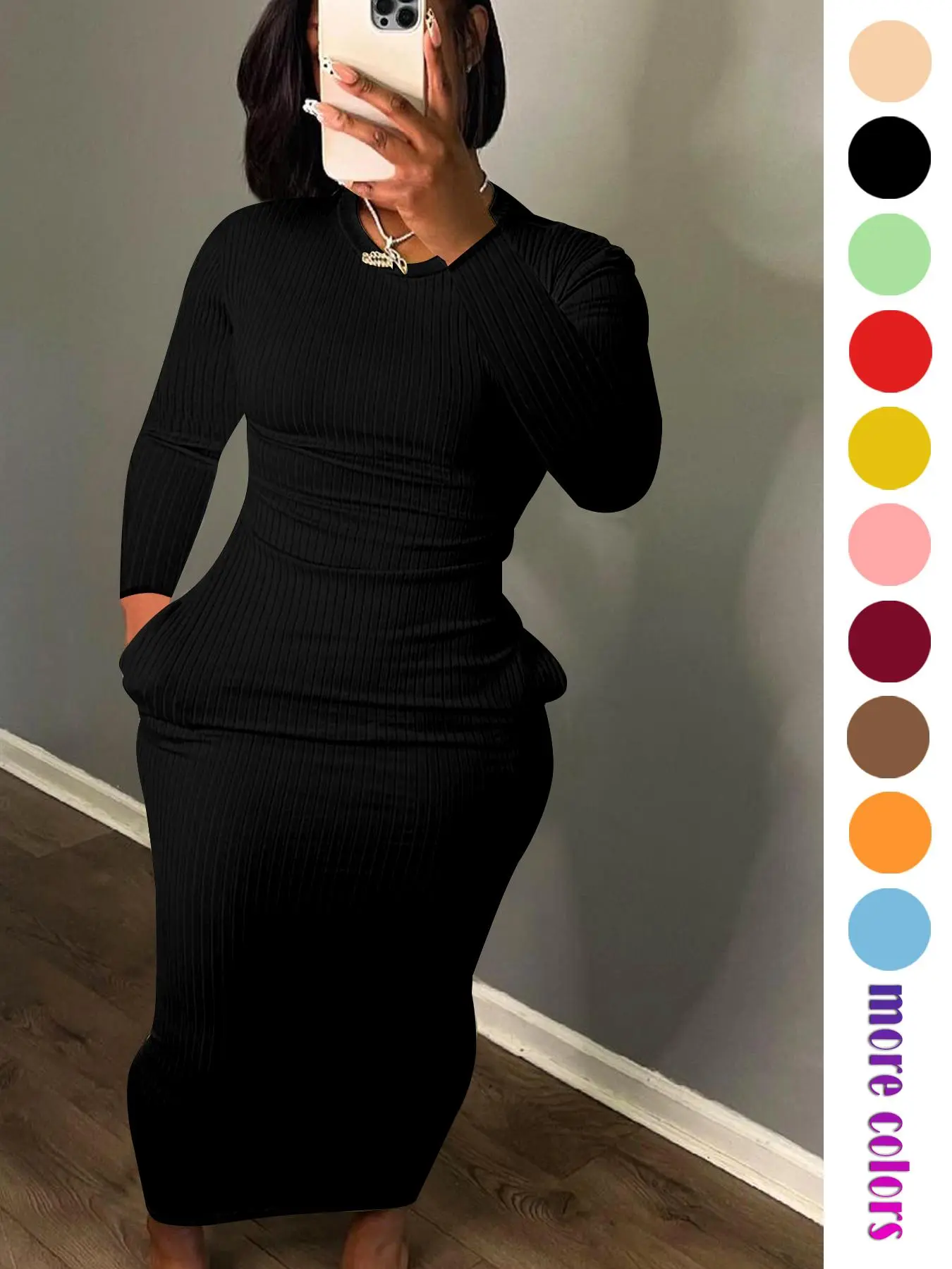 Women's Solid Pocket Long Sleeve Bodycon Dress, Elegant Round Neck Dress for Party Holiday Wedding Guest, Ladies Fall & Winter Clothes, 2025 Trend, Spring & Fall Clothing, Going Out Dresses