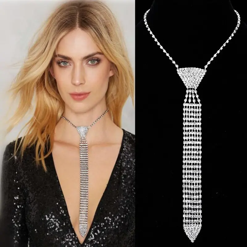 Cross-Border European and American Necklace Long Tie Rhinestone Tassel Necklace Personality Exaggerated Claw Chain Necklace Manufacturer Wholesale