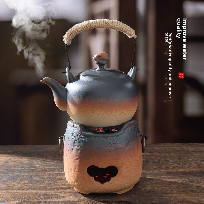 Bếp đốt trà sôi và trà rang, thích hợp để cắm trại, tụ tập, sưởi ấm, lửa than, bếp than ngoài trời, nồi gốm, bộ nồi trà, để sử dụng trong gia đình Camping 2