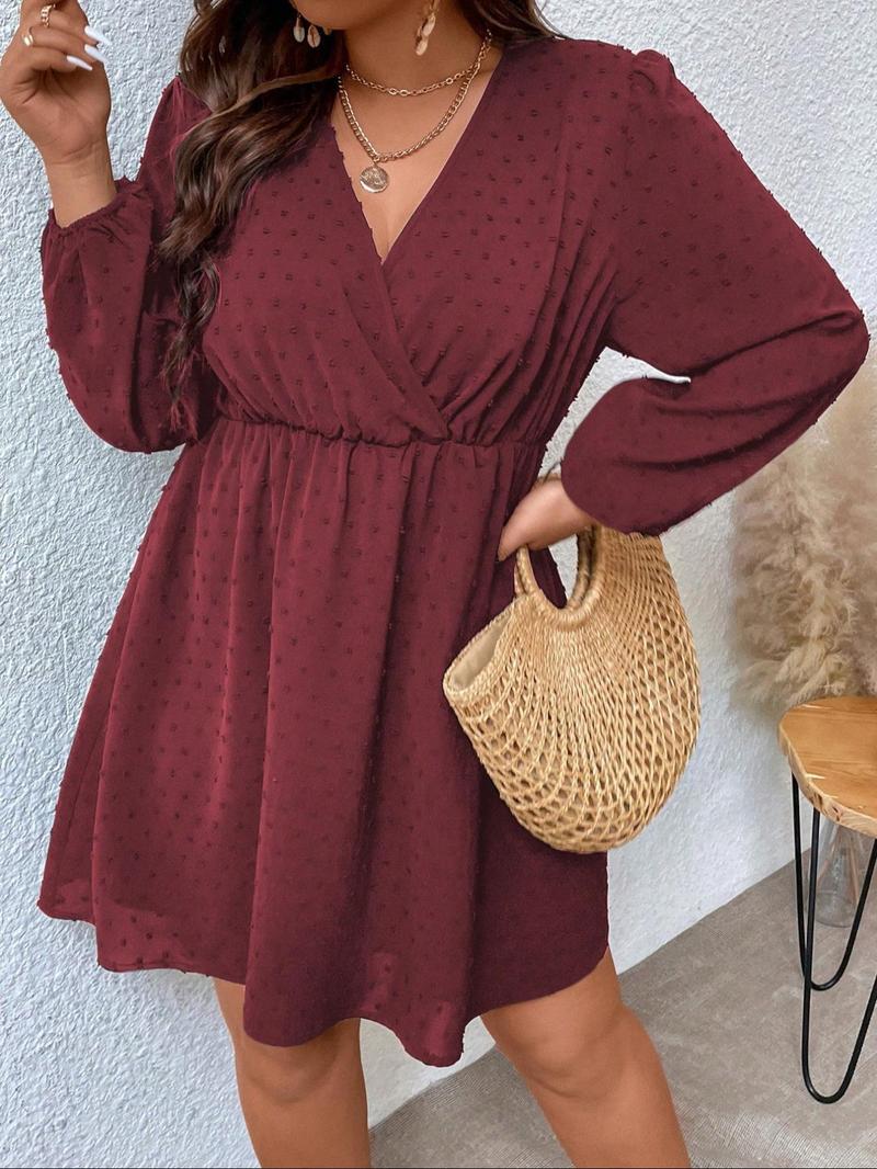 Product Introduction of 【Plus Size】 Plain Swiss Dot Wrap V Neck Bishop Sleeve A Line Dress, Plus Elegant Long Sleeve Short Dress for Spring & Fall, Women's Clothes for Daily Wear, Holiday Dresses 15