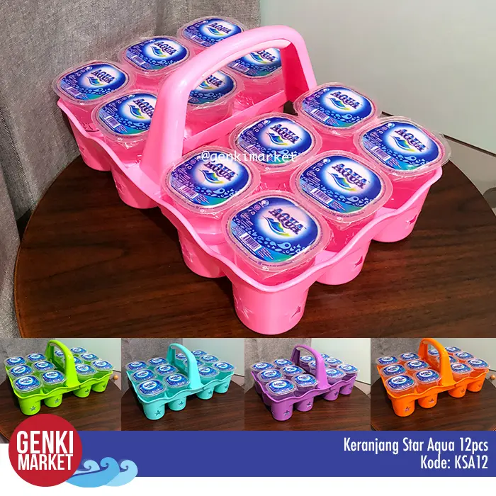 Keranjang Minuman untuk isi 12 gelas Aqua  - Keranjang tenteng Aqua isi 12 Genki Market Pink Wadah