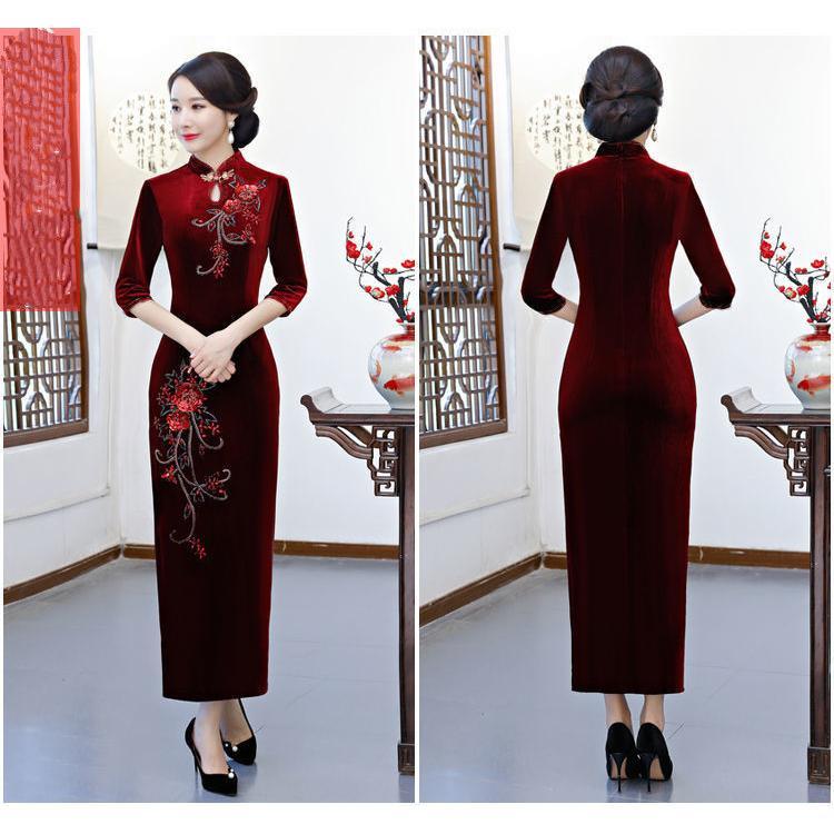Váy Cưới Sườn Xám, Cao Cấp, Nhung Vàng, Thêu, Thích Hợp Cho Phụ Nữ Trung Người Già Và Cao Tuổi, Váy Xẻ Tà Bó Ôm Sát Hàng Mới Về, Thích Hợp Cho Mùa Xuân Và Mùa Thu 5