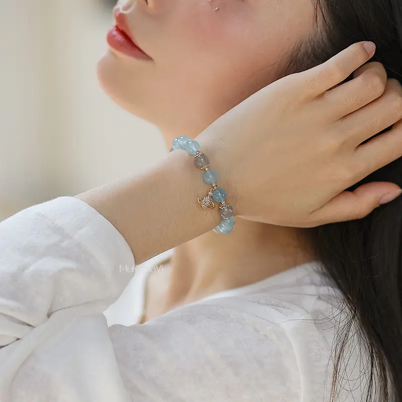 Vòng Tay Pha Lê Aquamarine, Dành Cho Phụ Nữ, Thiết Kế Đơn Giản, Đá Mặt Trăng Xám, Hạt Màu Xanh Lam, Đồ Trang Sức Vòng Tay Đính Cườm Thủ Công 4
