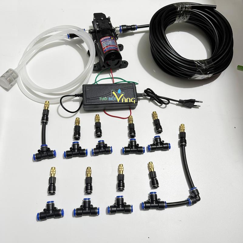 Máy phun sương làm mát tưới cây tưới lan với máy bơm tăng áp mini 10 béc phun sương đầu đồng kèm 15 mét ống 8mm và đầy đủ phụ kiện máy tưới