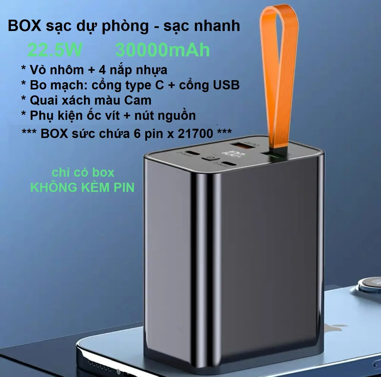 Vỏ sạc,BOX sạc dự phòng 30000mAh 22.5w pin lithium type C sạc điện thoại SIÊU NHANH (không kèm PIN)