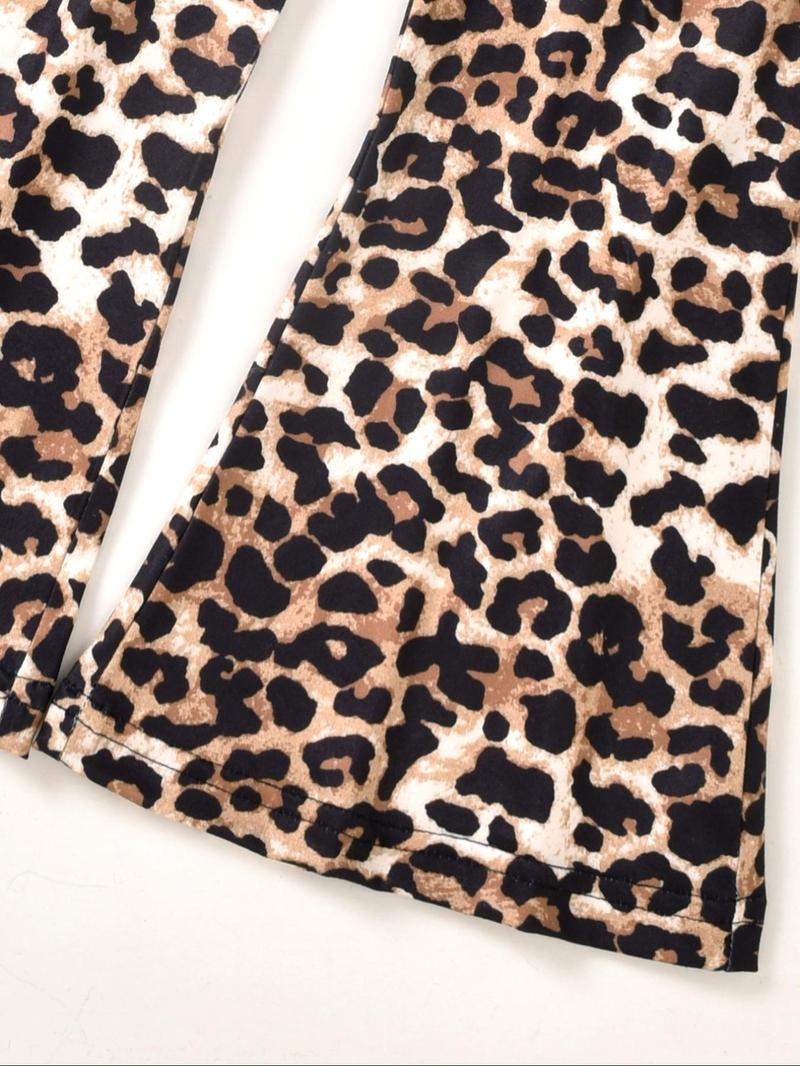 Product Introduction of Toddler Girl's Solid Fake Buttons Top & Leopard Print Flare Leg Pants Two-piece Set, Casual Fashion Cozy Two Piece Outfits for Daily Outdoor Wear, Toddler Girls Clothing for Summer 6