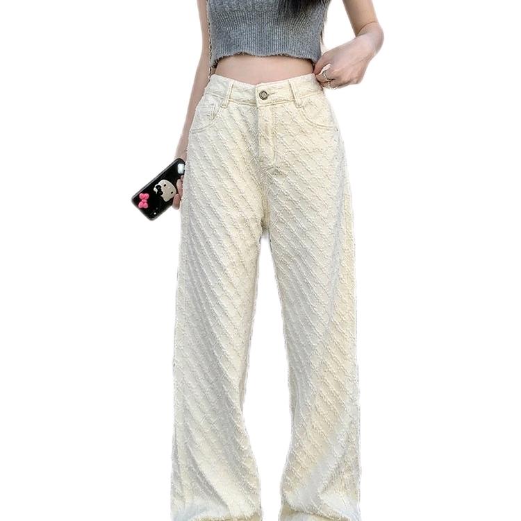 Quần jean ống rộng cạp cao 1 khuy màu trắng họa tiết trần trám hàng quảng châu chuẩn form Nữ Women Ong