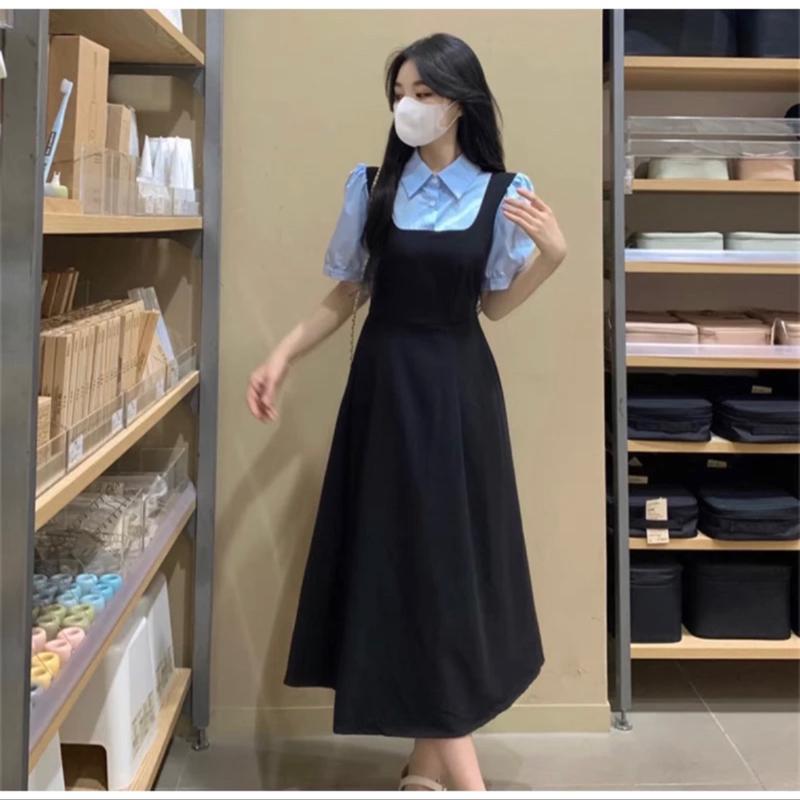 ￼Đầm váy đen sơ mi tay ngắn phối xanh biển công sở nữ tính thanh lịch 3
