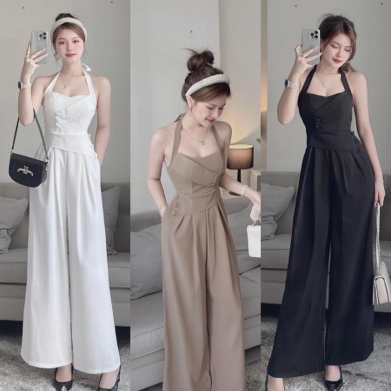Jum quần nữ ống rộng thiết kế cổ yếm đính nút bọc Có Mút,Có Túi xinh xắn dành cho các nàng diện đi chơi đi tiệc. Women