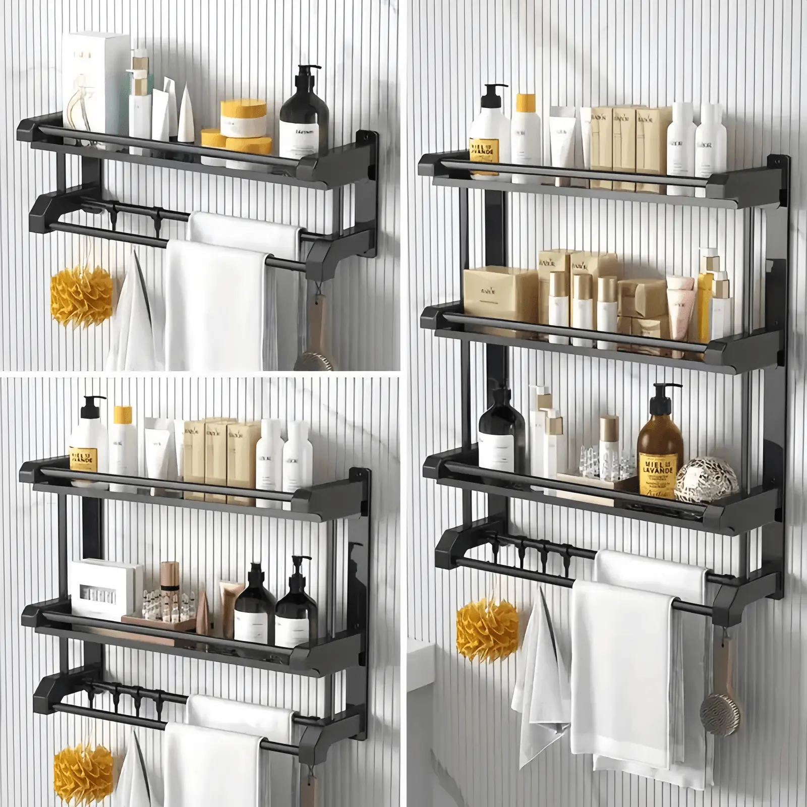 1Pc punch-free Black Bathroom Shelf With Towel Bar,Modern Wall Mounted Stainless Steel Storage Rack