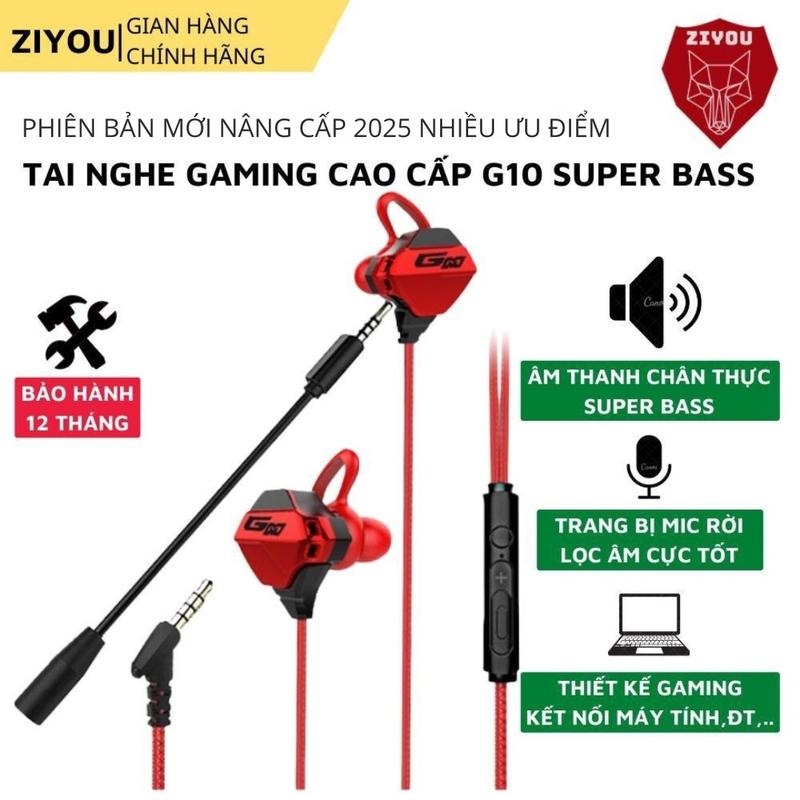 Tai nghe có dây chống ồn cao cấp ZIYOU G10 gaming âm thanh super bass nghe nhạc chơi game cực đã có mic rời tiện lợi dùng cho pc laptop điện thoại Nhét Tai Kem