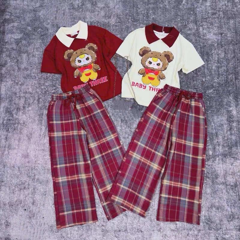 Sét bộ áo cố bẻ + quần kẻ vuông cho bé gái in hình BABY three Size từ 14-42kg