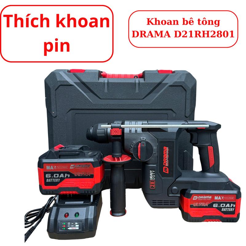 Máy khoan bê tông pin DRAMA D21RH2801 lực đập 2.8J, nòng 28mm,Động cơ không chổi than, có chức năng giảm rung