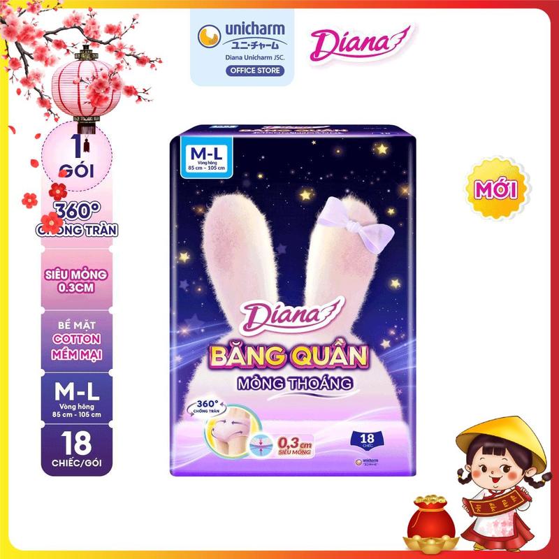 MỚI RA MẮT Diana Băng vệ sinh Băng quần Comfy Night Mỏng Thoáng size M-L gói 18 miếng