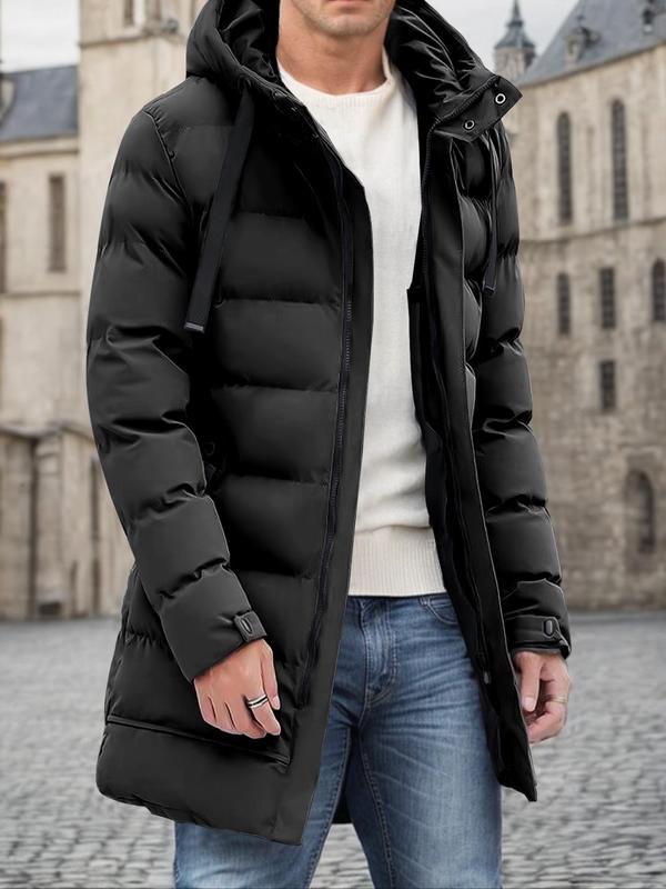 Men's Solid Zip Up Windproof Waterproof Hooded Puffer Coat, Casual Long Sleeve Thermal Outerwear for Winter, Men's Clothes for Daily Wear 1
