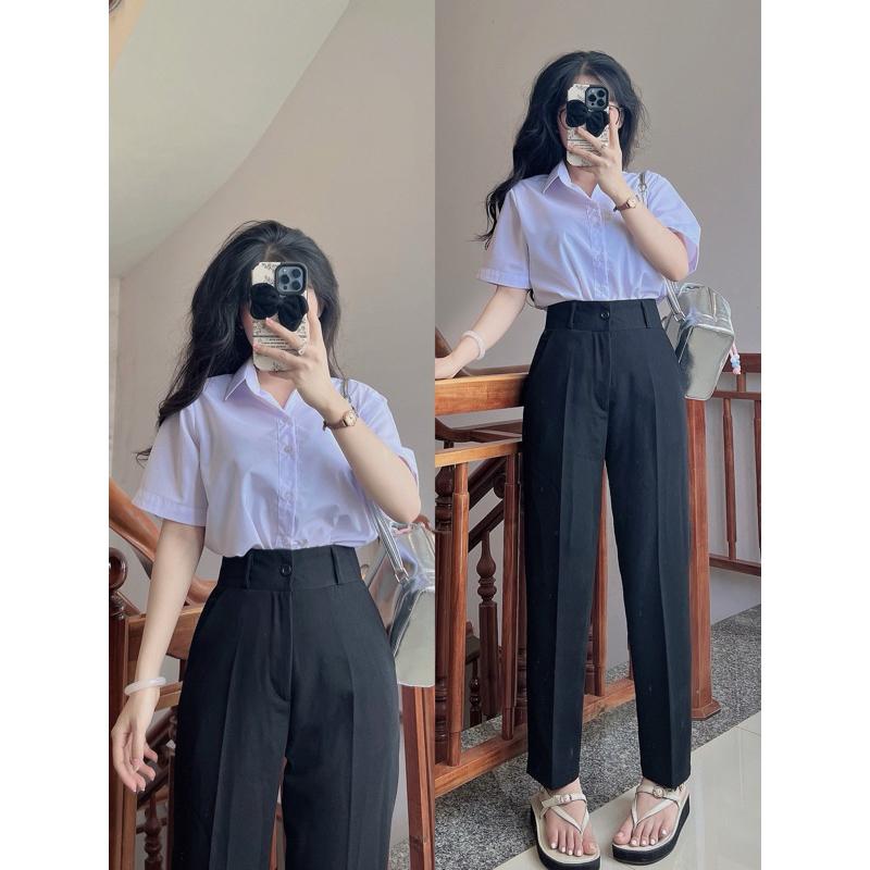 Quần tây baggy nữ lưng cao 1 khuy có túi trước vải tuyết mưa học sinh đi học đi làm màu đen