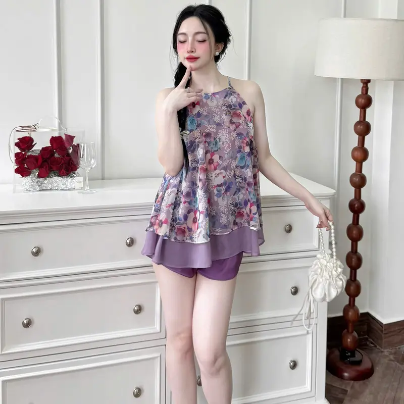 Yếm ngủ áo voan phối tơ 2 lớp, quần lụa latin LADY Đồ ngủ nữ cao cấp mềm mát, nhẹ tênh, mặc lên cực kỳ tôn dáng – xinh nhẹ nhàng mà cuốn 6