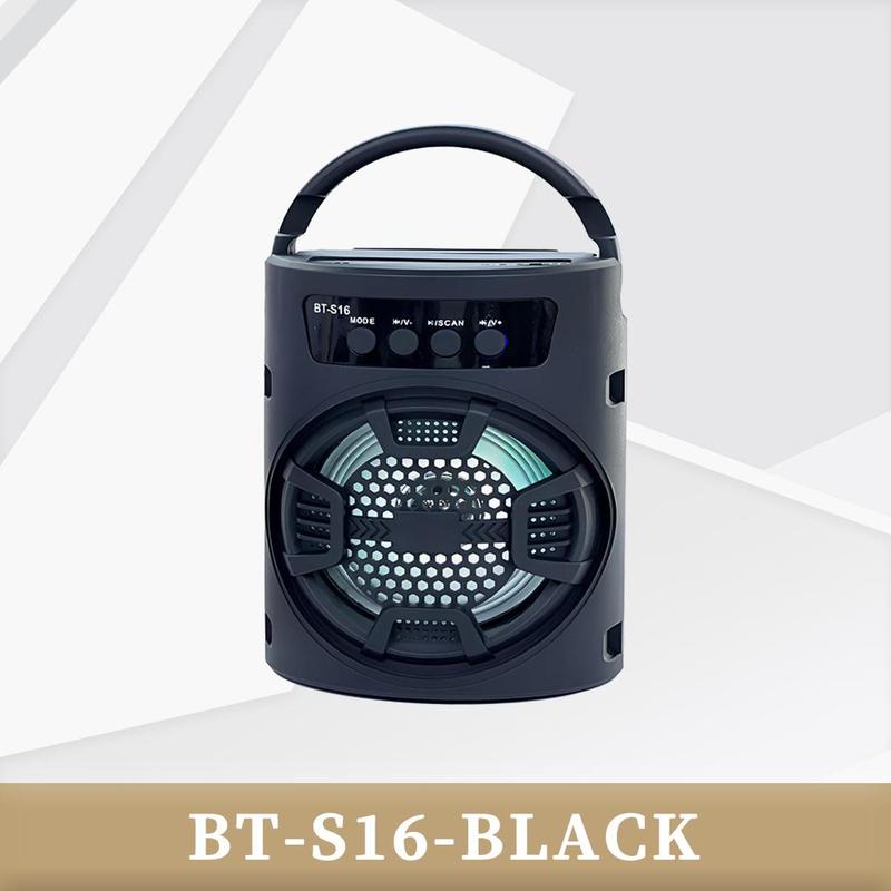 Loa bluetooth BT-S16-BLACK có quai xách tay cầm tiện lợi, âm thanh sống động, có thể làm kệ để điện thoại được, kết nối được tivi máy tính, có đèn led nhấp nháy theo nhạc