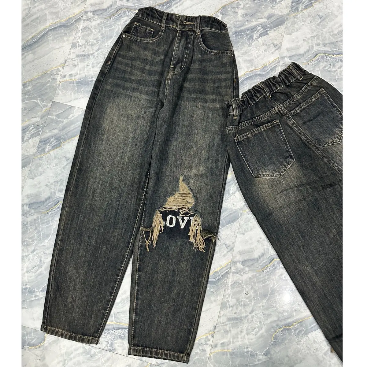 [02106] Quần Jeans Baggy QC Nữ Lưng Chun Thêu Gối Màu Bụi Women Denim