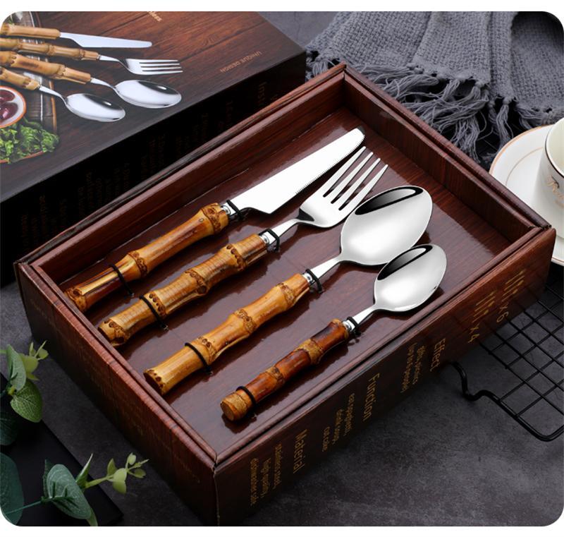 Product Introduction of 16/24PCS Creative Bamboo Handle Stainless Steel Tableware With Steak Knives Flatware Knives Set Includes Dessert Spoon Forks 28
