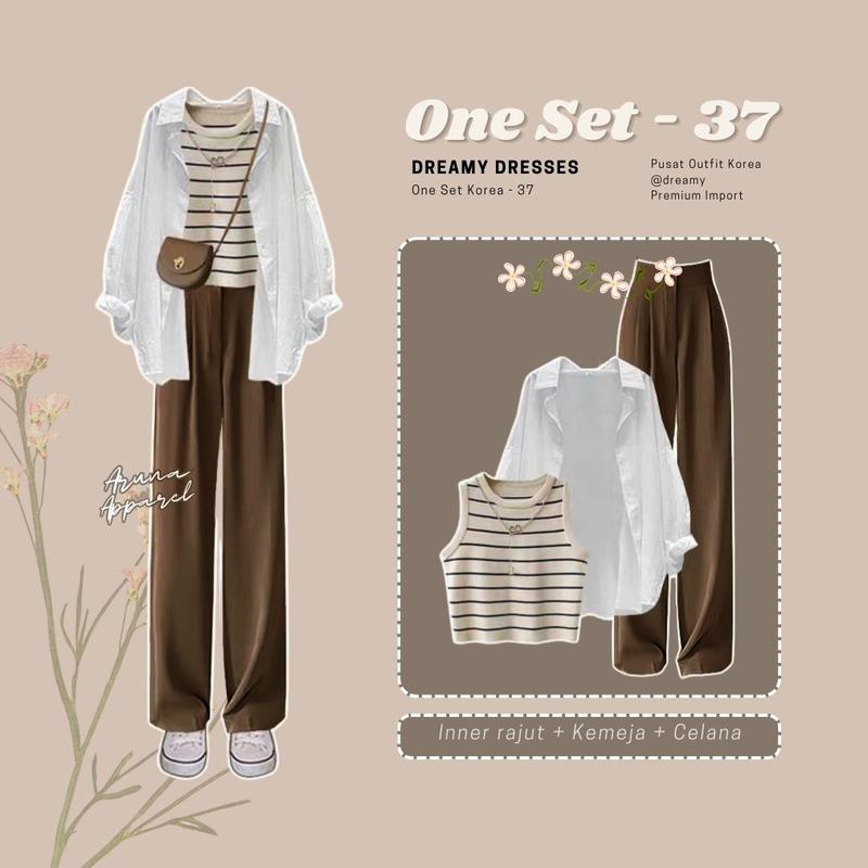 Inner Stripe Set 37 Outfit Set Korea Style remaja 3in1 One Set Korean Style, Outfit Korea, Outfit Wanita, Ullzang // Outfit 0