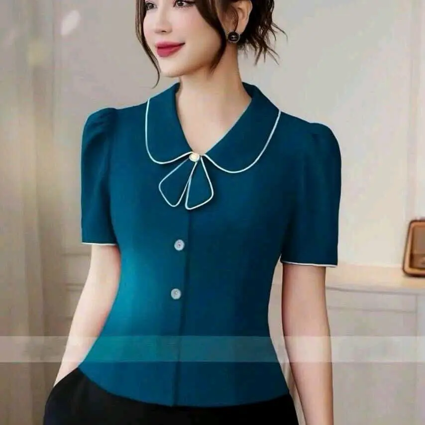Áo công sở M235 cổ sen tay ngắn họa tiết đơn giản full size cho nữ - Top, Áo Nữ Đẹp