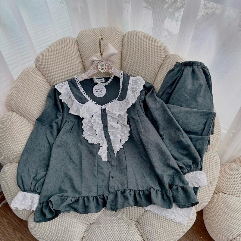 M11 Bộ đồ tiểu thư cho nữ chất liệu đũi nhung mềm phối ren dáng áo baby doll tay áo bồng nhẹ xinh xắn hàng thiết kế đặt riêng có size,mặc nhà hay ra ngoài đều được ÁO PHỐI BÈO DỌC HÀNG KHUY bầu bí có thể bon chen thoải mái M11