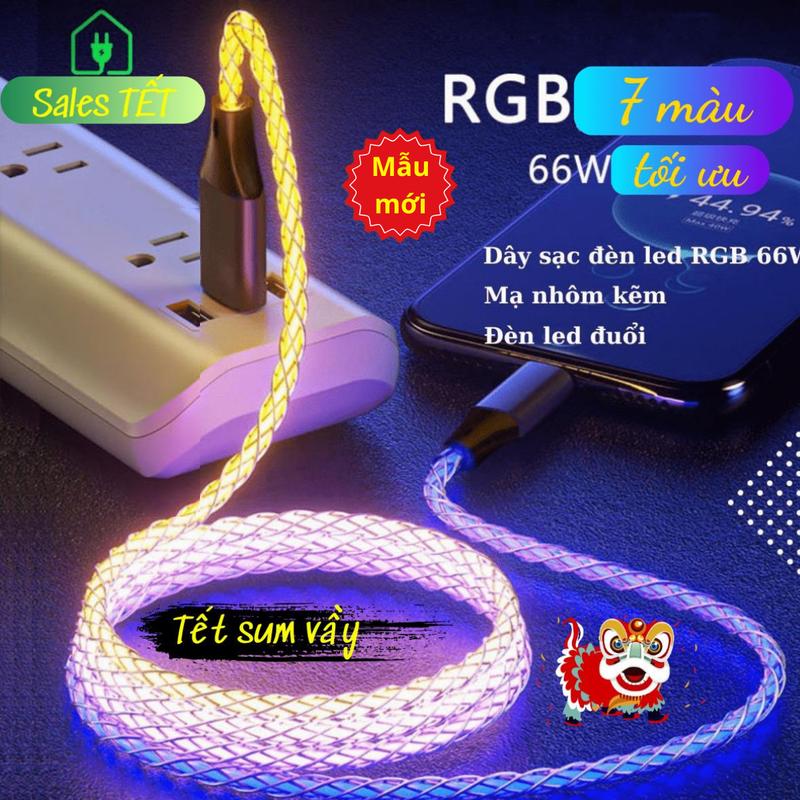 Dây sạc nhanh đèn led trang trí RGB cao cấp chống nổ không nóng bọc nhôm kẽm nhiều màu sắc 1.2m mẫu mới cho iphone samsung oppo xiaomi huawei Sạc Điện Thoại Phụ Kiện