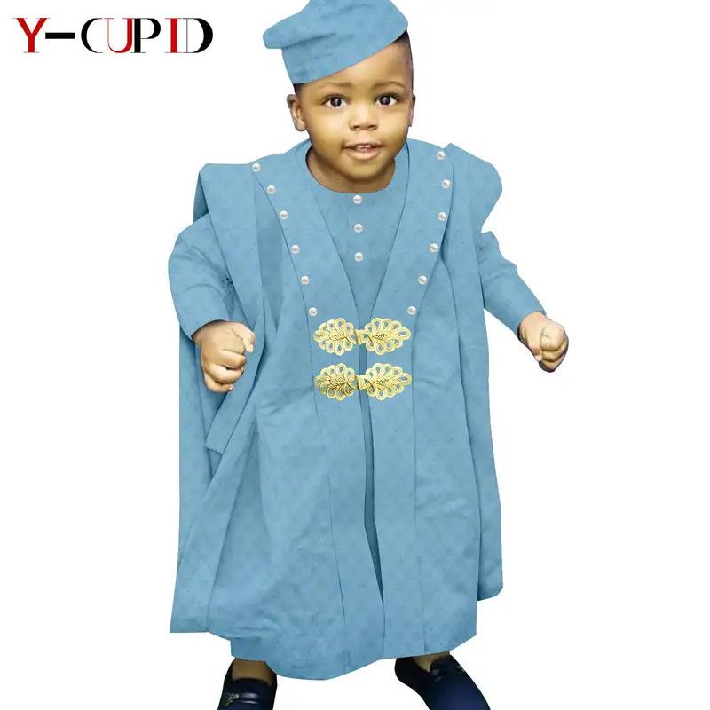 African Boy Outfit Bazin Riche Muslim Jacquard 4 Pieces Sets Tee Pant Robes and Cap Kids Children Suits Agbada Outwear Y234017 4