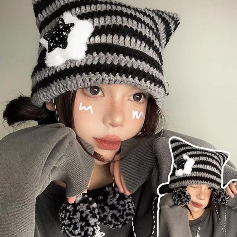 Mũ Len Sọc Dệt Kim, Thiết Kế Quỷ Dễ Thương, Dành Cho Mùa Thu Và Mùa Đông, Phong Cách Y2K, Mũ Len Dệt Kim, Dành Cho Bé Gái Và Phụ Nữ, Mũ Áo Chui Đầu Mũi Nhọn Tai Mèo, Mũ Nữ, Hàng Mới Về