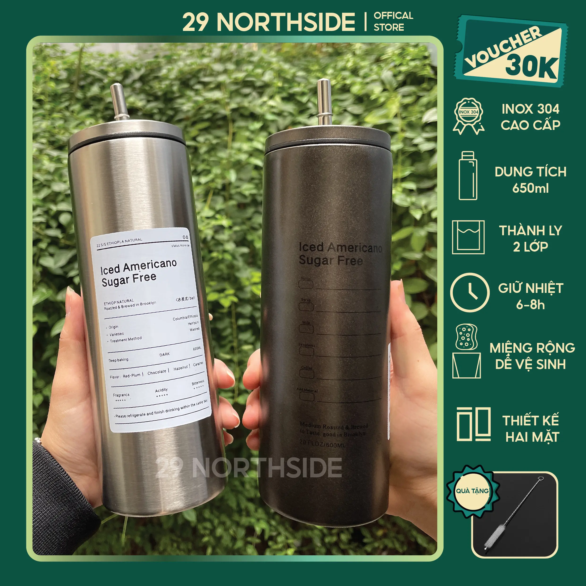 29NS-(Tặng Cọ Rửa) Ly Giữ Nhiệt Iced Americano Dài Cao Dung Tích 600ML Inox 304 Cao Cấp  Đi Kèm Ống Hút Và Bịt Nắp,  bình nước giữ nhiệt cho nam không đổ mồ hôi