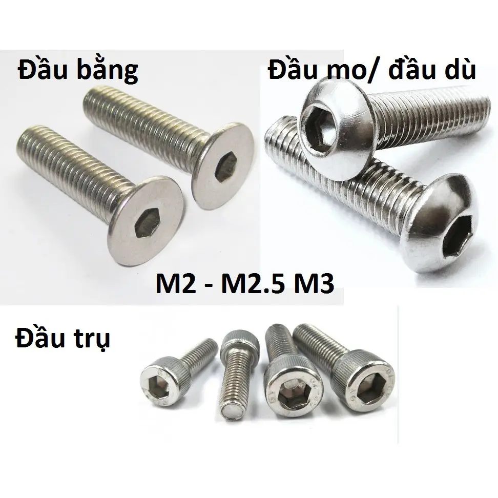 M2 M2.5 M3 - Combo 10 con lục giác chìm đầu trụ, đầu bằng, đầu mo M2 M2.5 M3
