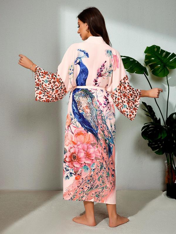 [Plus Size] Peacock & Floral Print Belted Wrap Kimono Cardigan, Casual Boho Three Quarter Length Sleeve Split Hem Kimono Cardigan, Women's Summer Swimwear for Beach Holiday Vacation 8