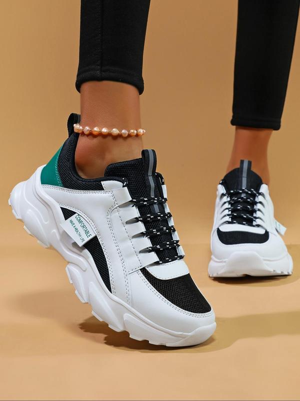 Women's Summer 2024 New Arrival Colorblock/Solid Color Front Low Top Platform Sneakers, Comfortable Running Sports Shoes, Chunky Walking Runner Footwear, 1