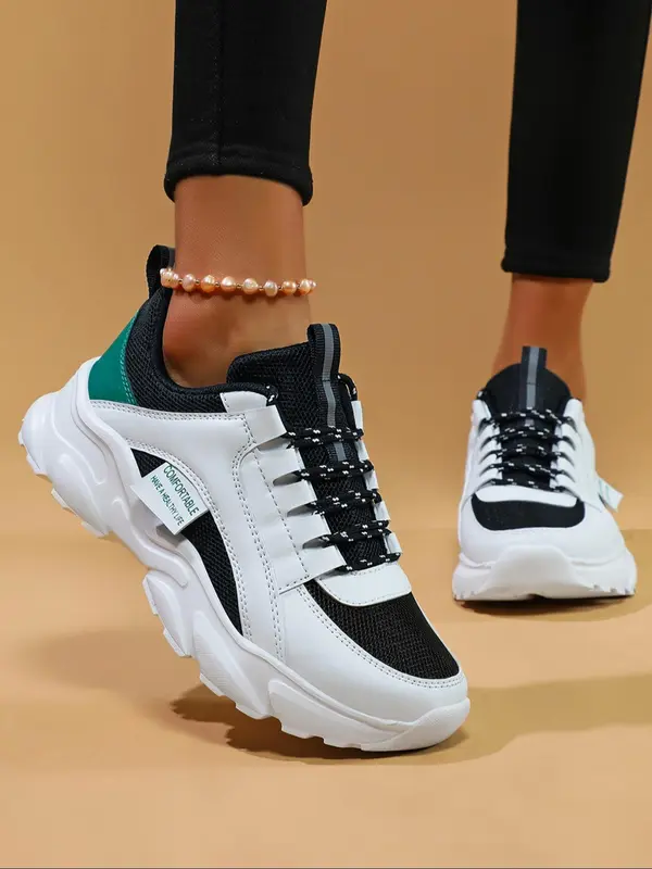 Women's Summer 2024 New Arrival Colorblock/Solid Color Front Low Top Platform Sneakers, Comfortable Running Sports Shoes, Chunky Walking Runner Footwear, 0