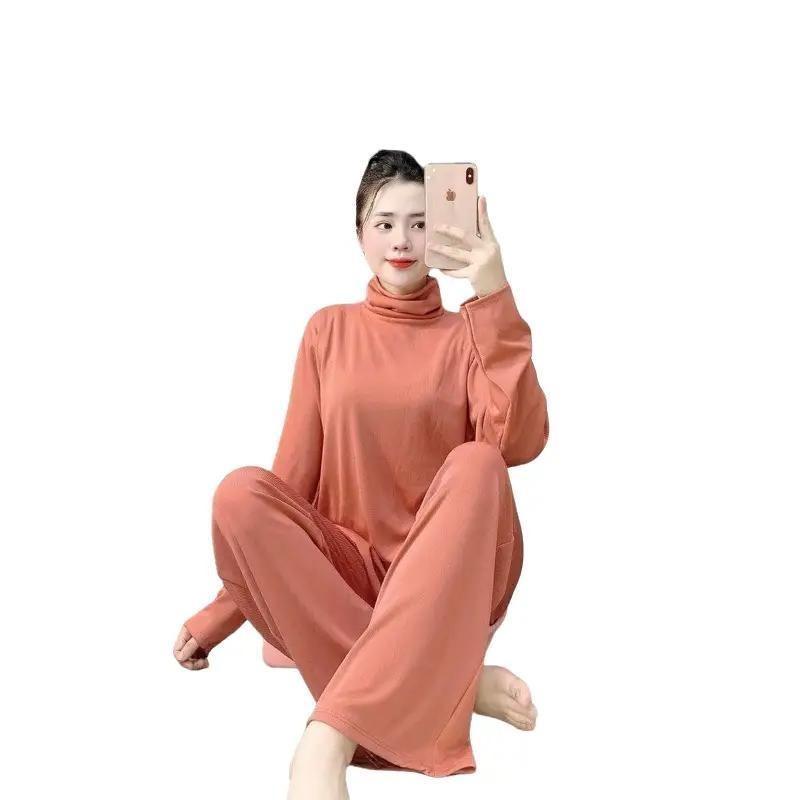 Đồ Bộ ủ kem cổ lọ thun tăm lạnh quần suông nữ tay bo gấu Size 40-70 kg Women Áo Top